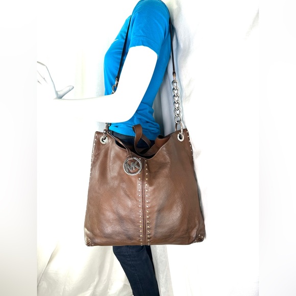Michael Kors Brown Leather Large Shoulder Bag Chain Strap Studs Logo Grommets - Picture 2 of 12
